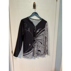 Unbranded Quarter Zip Top Womens L Black White Excellent Floral Graphic Swirl